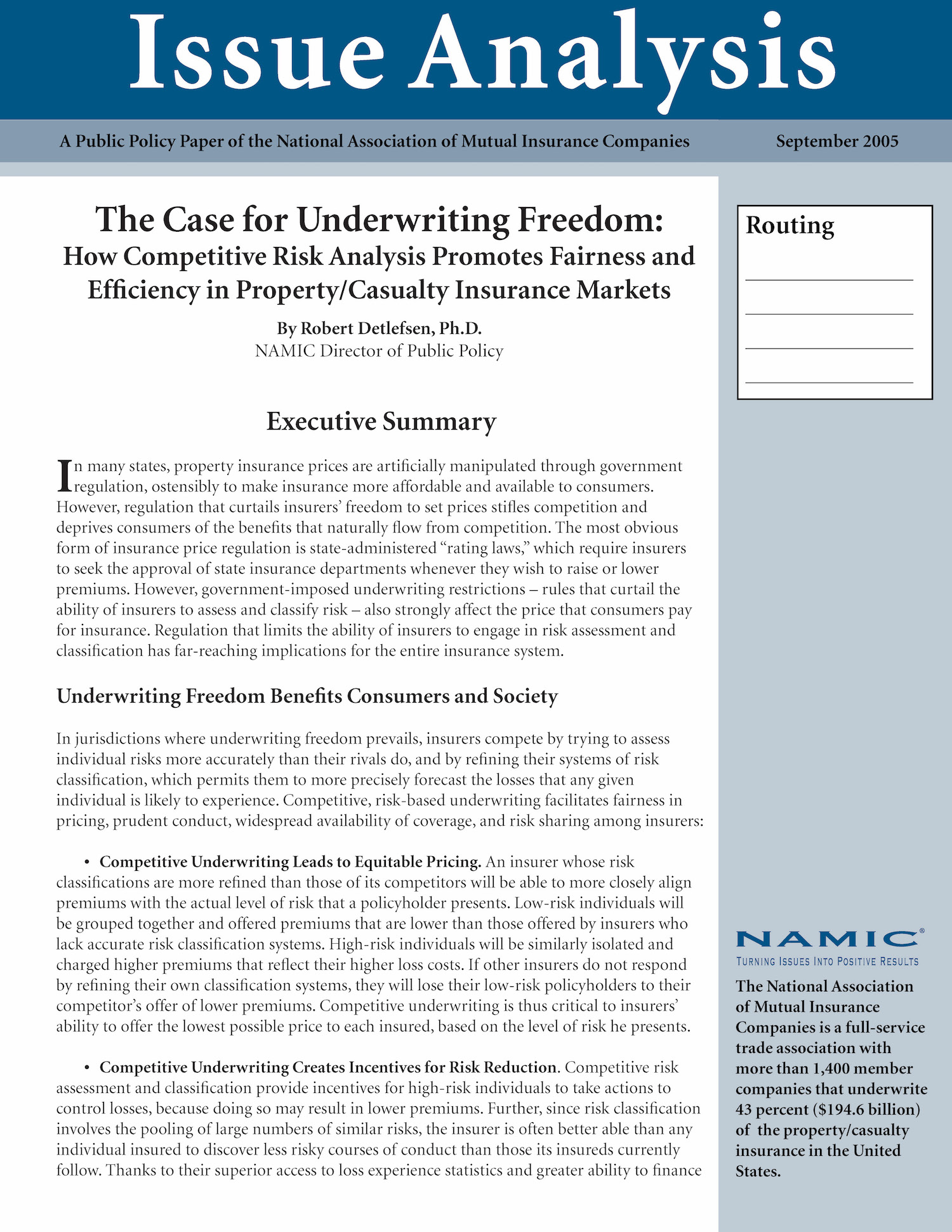 The Case for Underwriting Freedom: How Competitive Risk Analysis Promotes Fairness and Efficiency in Property/Casualty Insurance Markets PDF