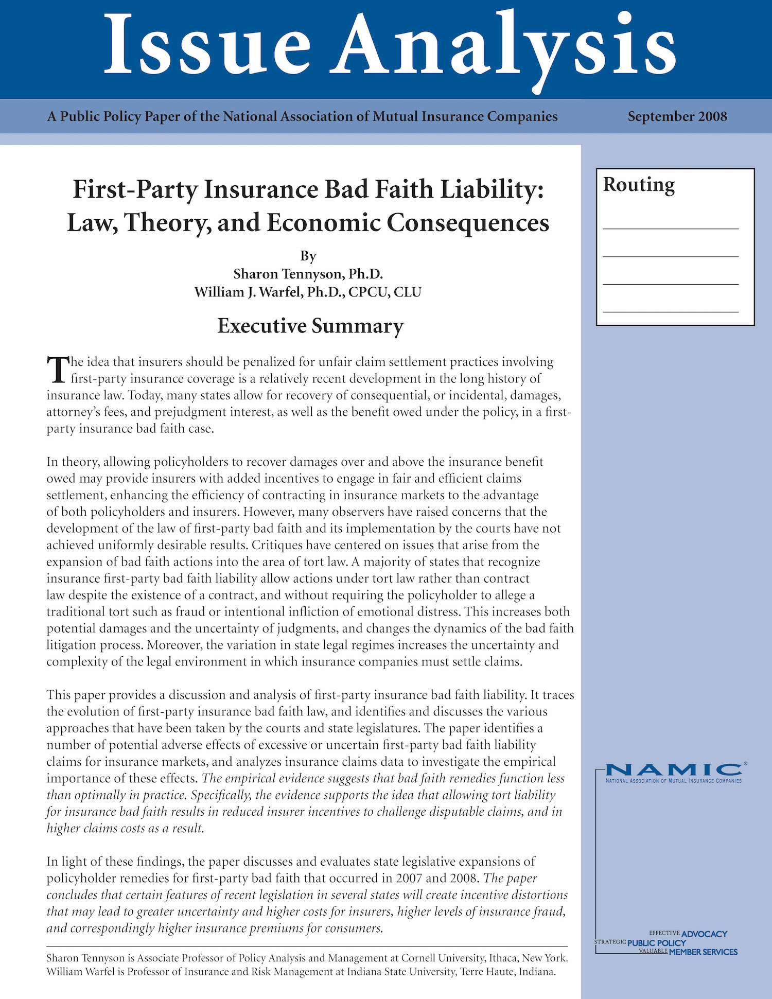 First-Party Insurance Bad Faith Liability: Law, Theory, and Economic Consequences PDF