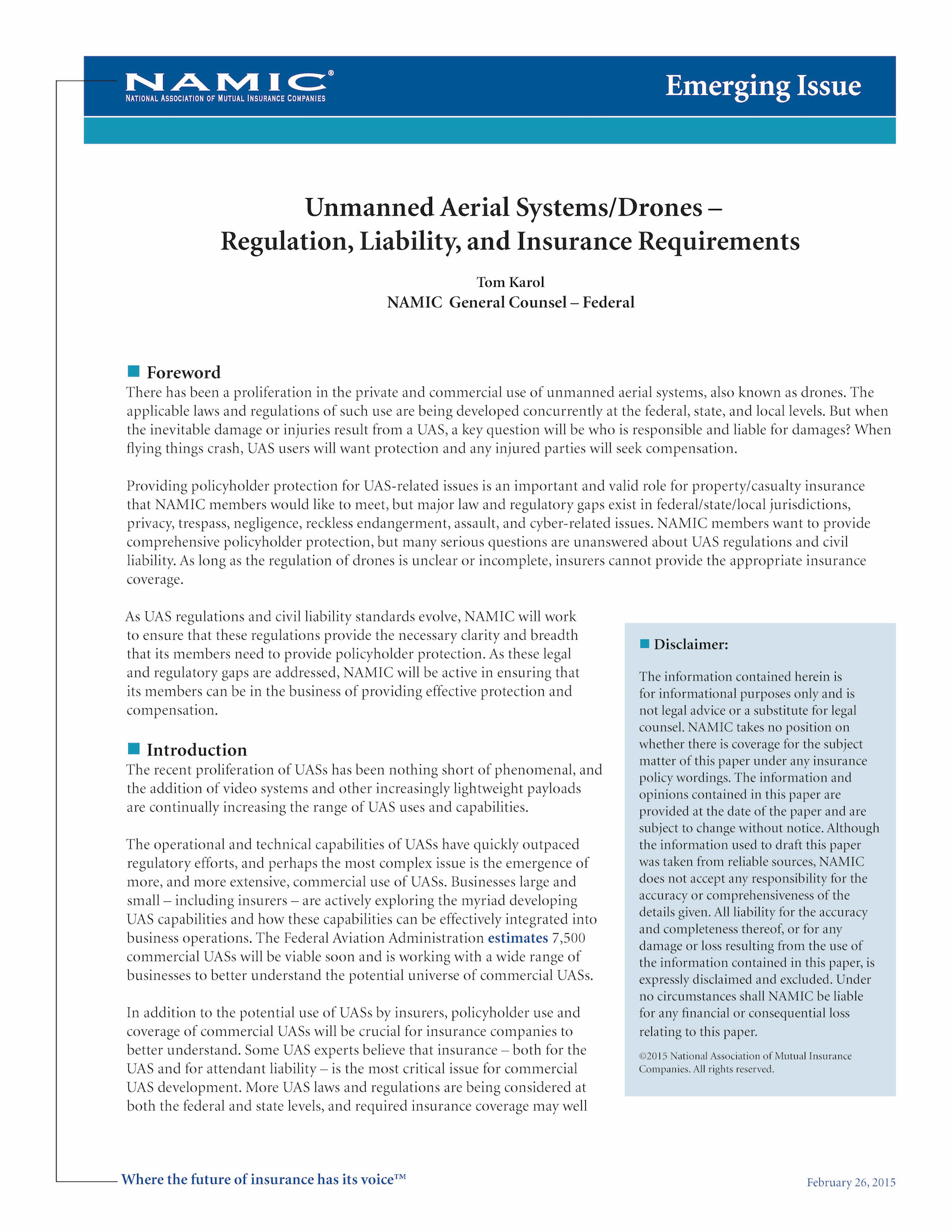 Unmanned Aerial Systems/Drones - Regulation, Liability and Insurance Requirements PDF